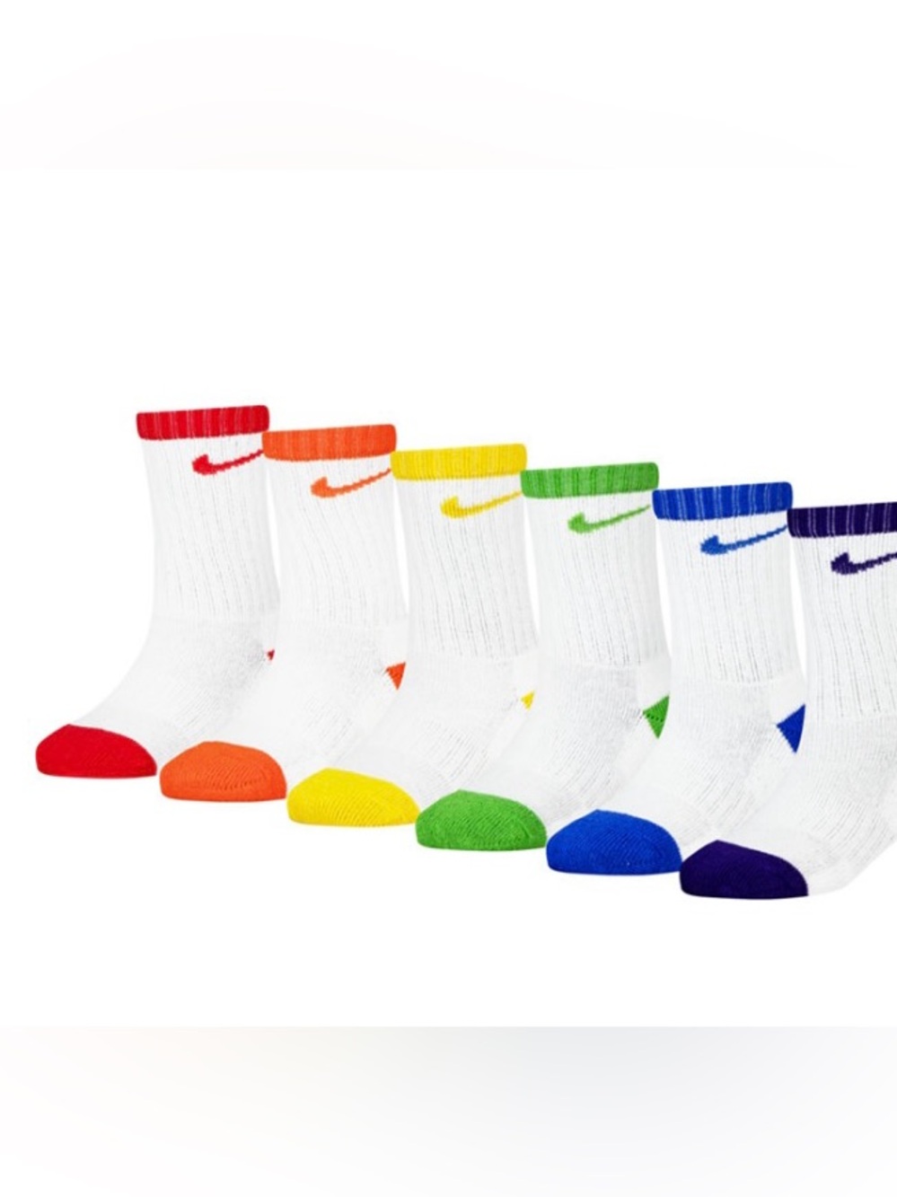 Nike little Kids 6-Pack White Crew Socks Rainbow Accents size 5-7 shoe 10C-3Y XS
